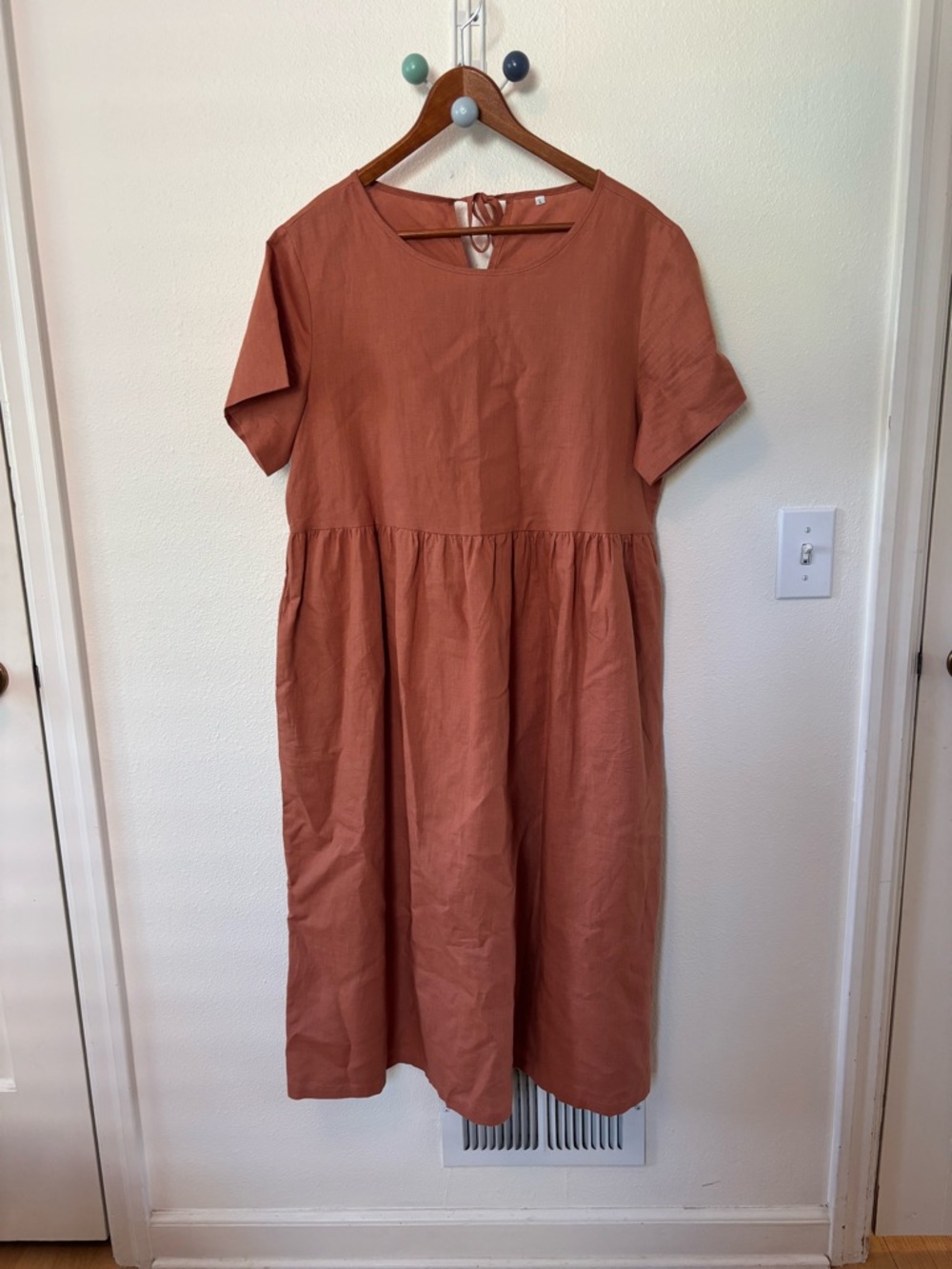 Rust Terracotta Short Sleeve Linen Midi Dress